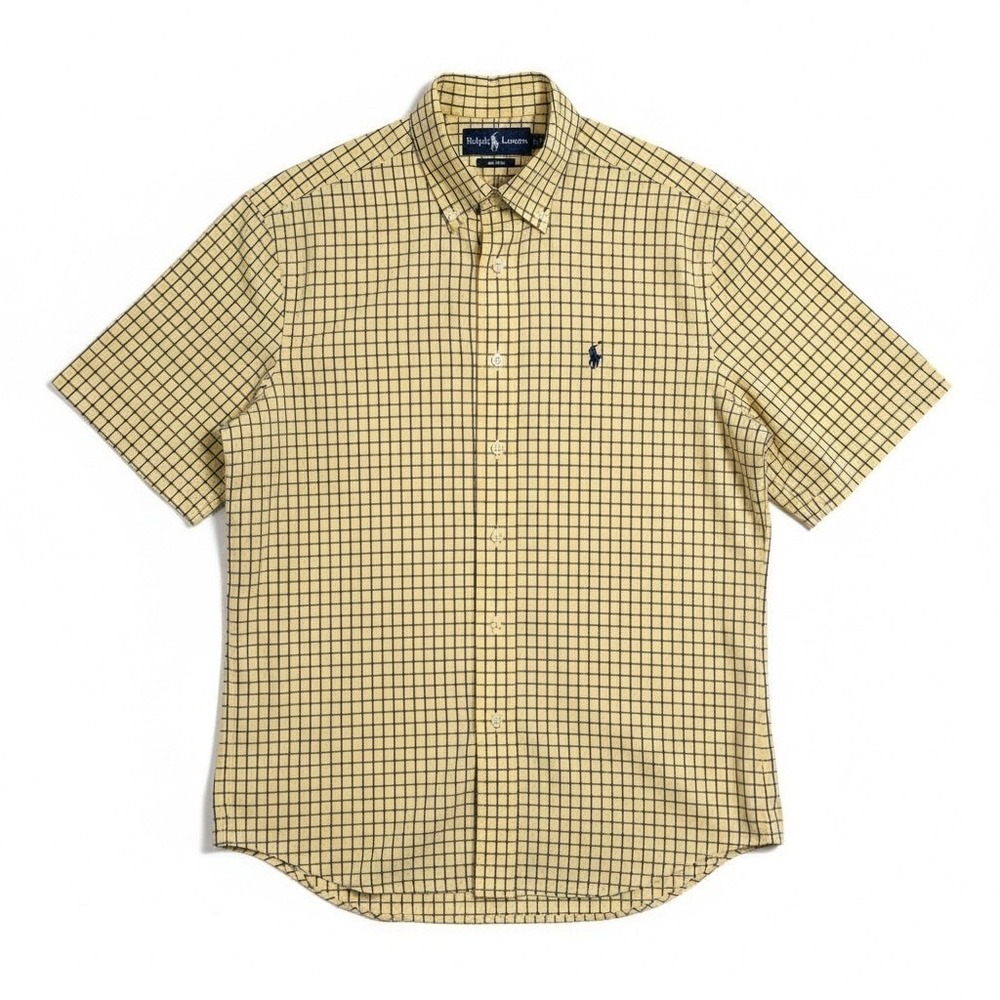 Polo Ralph‎ Lauren Mens Blake Shirt Medium Yellow Navy Plaid Short Sleeve Cotton